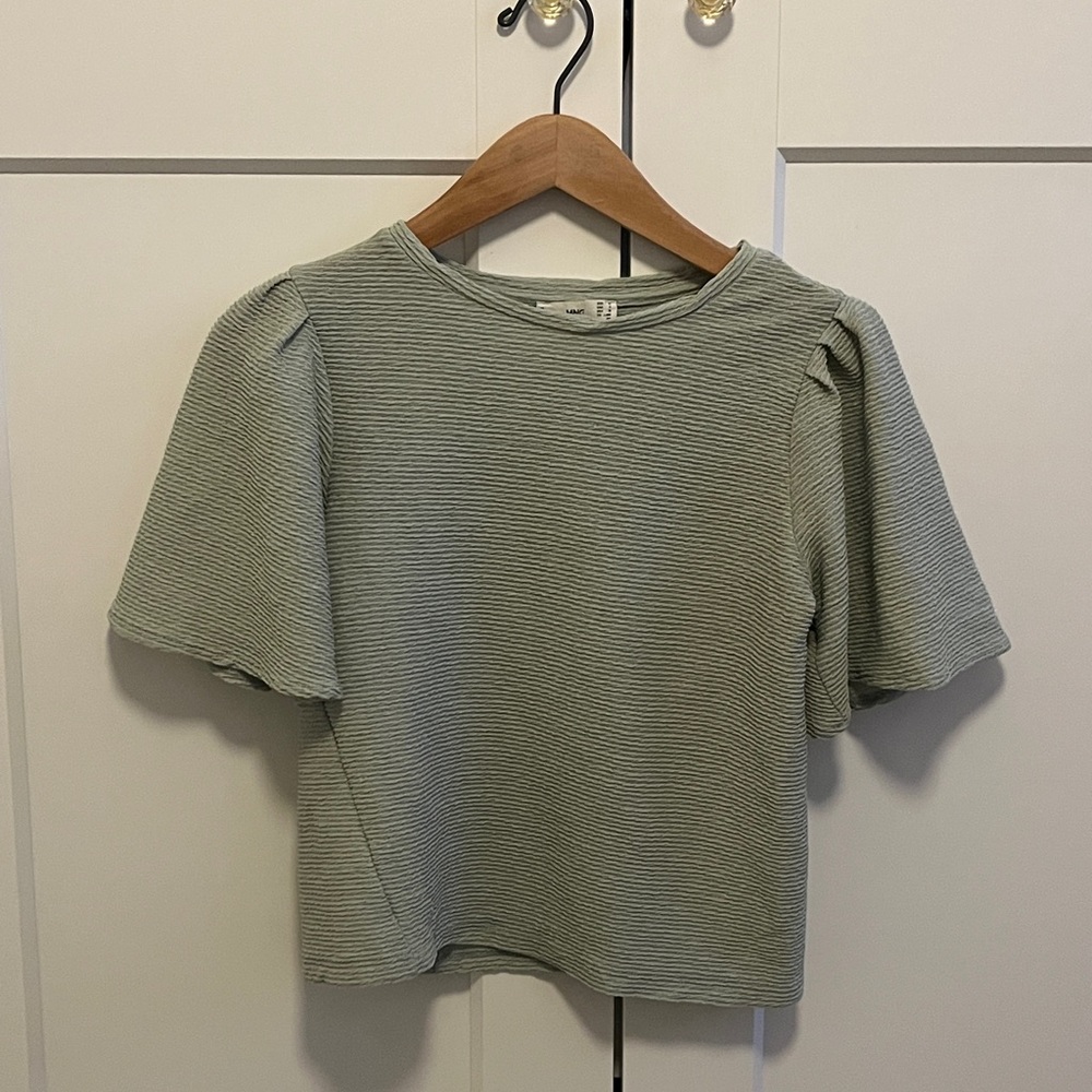 Mango Sage Striped Short Sleeve Top